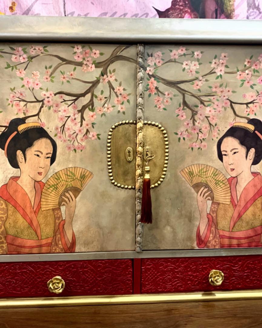 Geisha REVERSED decoupage paper on furniture