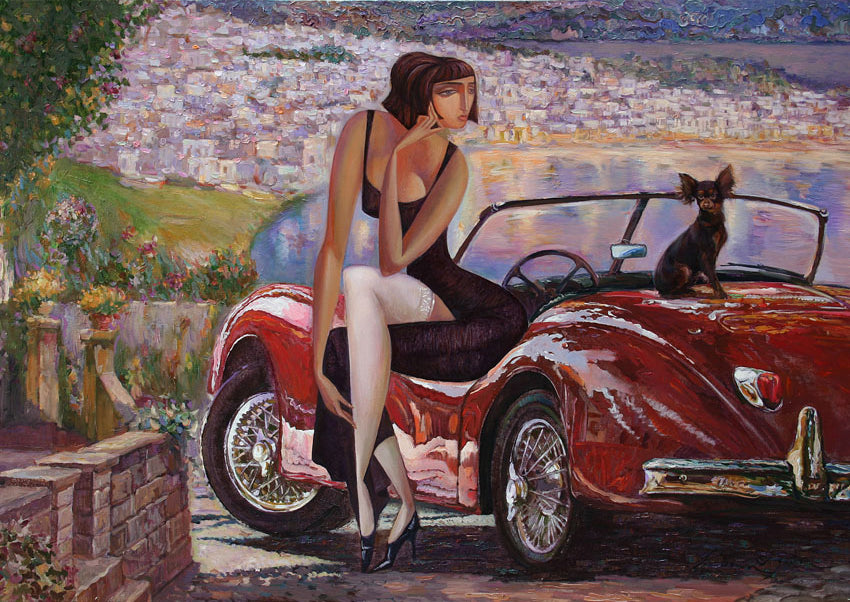 Lady and a Red Car Mint by Michelle decoupage paper