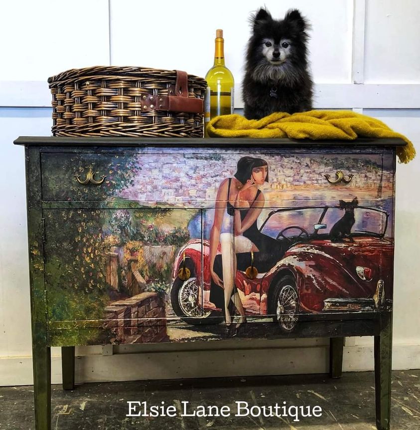 Lady and a Red Car decoupage paper on furniture