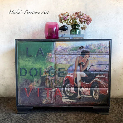 Lady and a Red Car decoupage paper on furniture