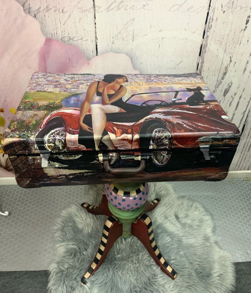 Lady and a Red Car decoupage paper on furniture