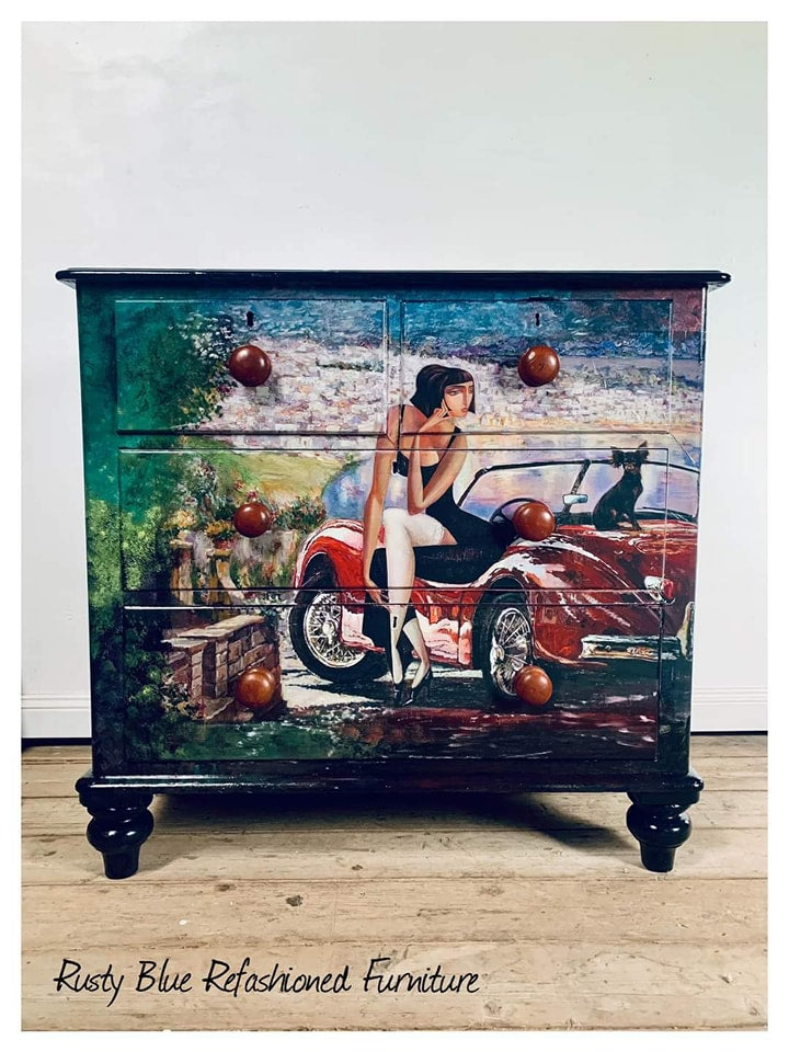 Lady and a Red Car decoupage paper on furniture