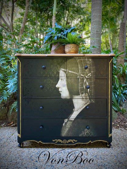 Leonardo's Lady decoupage paper on furniture
