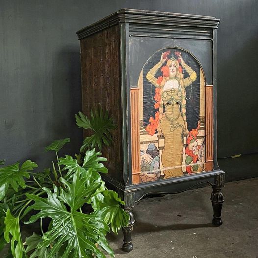 Mustard Nouveau decoupage paper on furniture