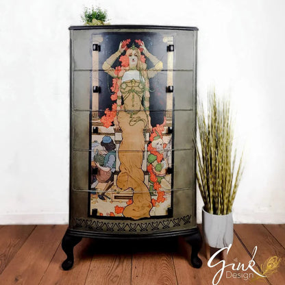 Mustard Nouveau decoupage paper on furniture