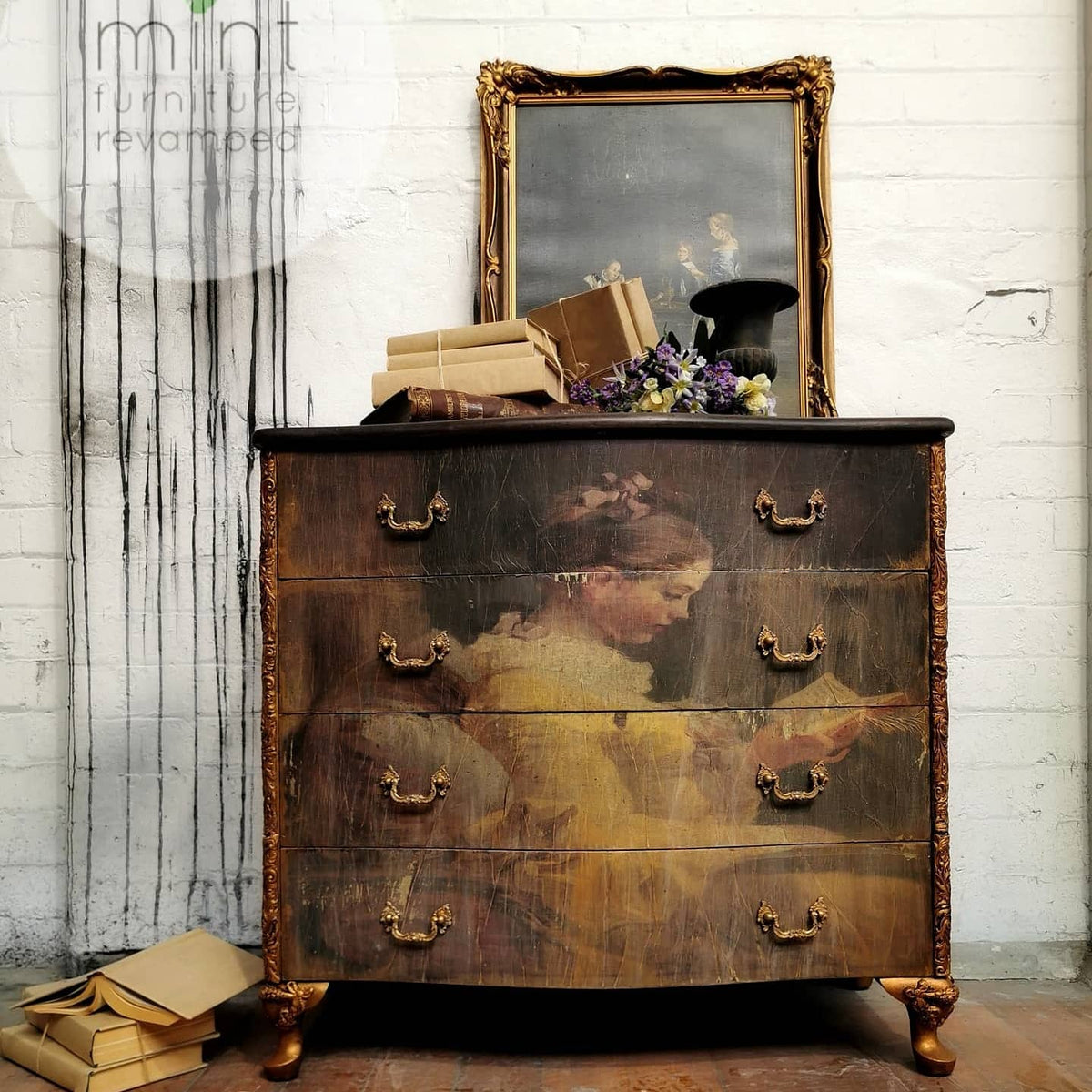 Young Girl Reading REVERSED decoupage paper on furniture