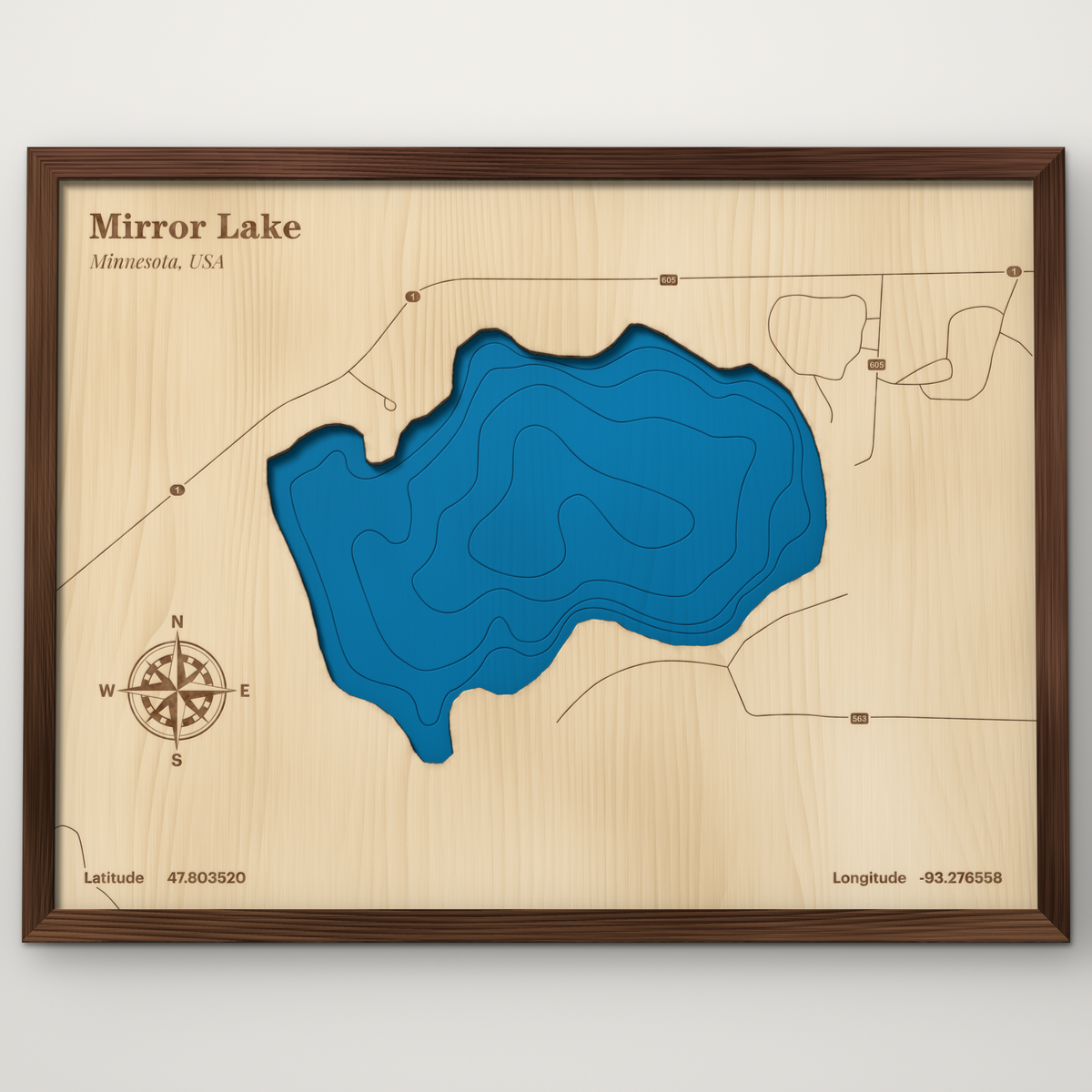 Mirror Lake, Itasca County Minnesota layered wood map with blue painted water and stained walnut frame, by Dirt Road Barns