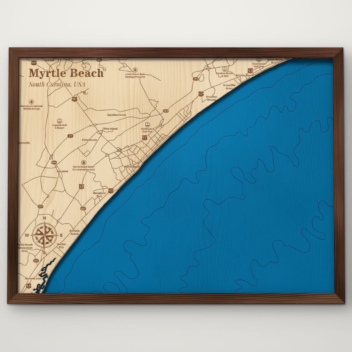 Myrtle Beach, South Carolina, layered wood map with blue painted water and stained walnut frame, by Dirt Road Barns