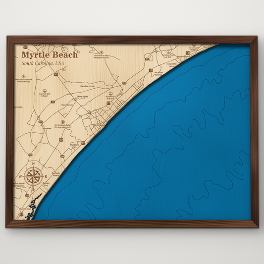 Myrtle Beach, South Carolina, layered wood map with blue painted water and stained walnut frame, by Dirt Road Barns