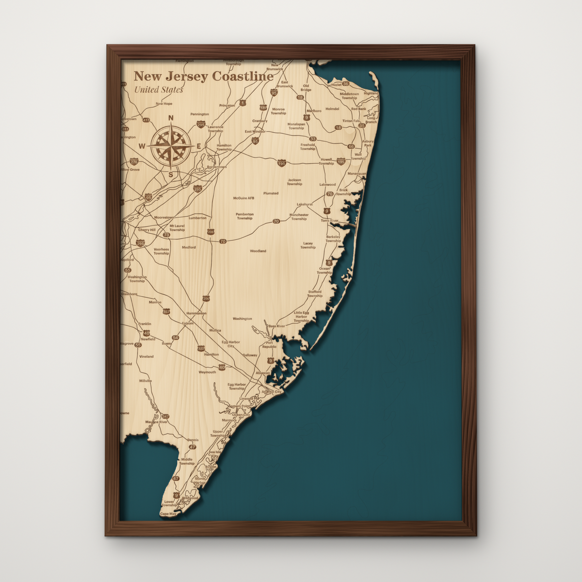 New Jersey Coastline, New Jersey, layered wood map with blue painted water and stained walnut frame, by Dirt Road Barns