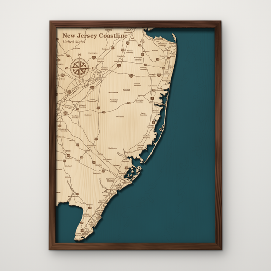 New Jersey Coastline, New Jersey, layered wood map with blue painted water and stained walnut frame, by Dirt Road Barns