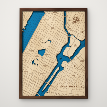 New York City layered wood map of upper Manhattan, Central Park and Astoria with blue painted rivers and stained walnut frame, engraved New York, USA, by Dirt Road Barns