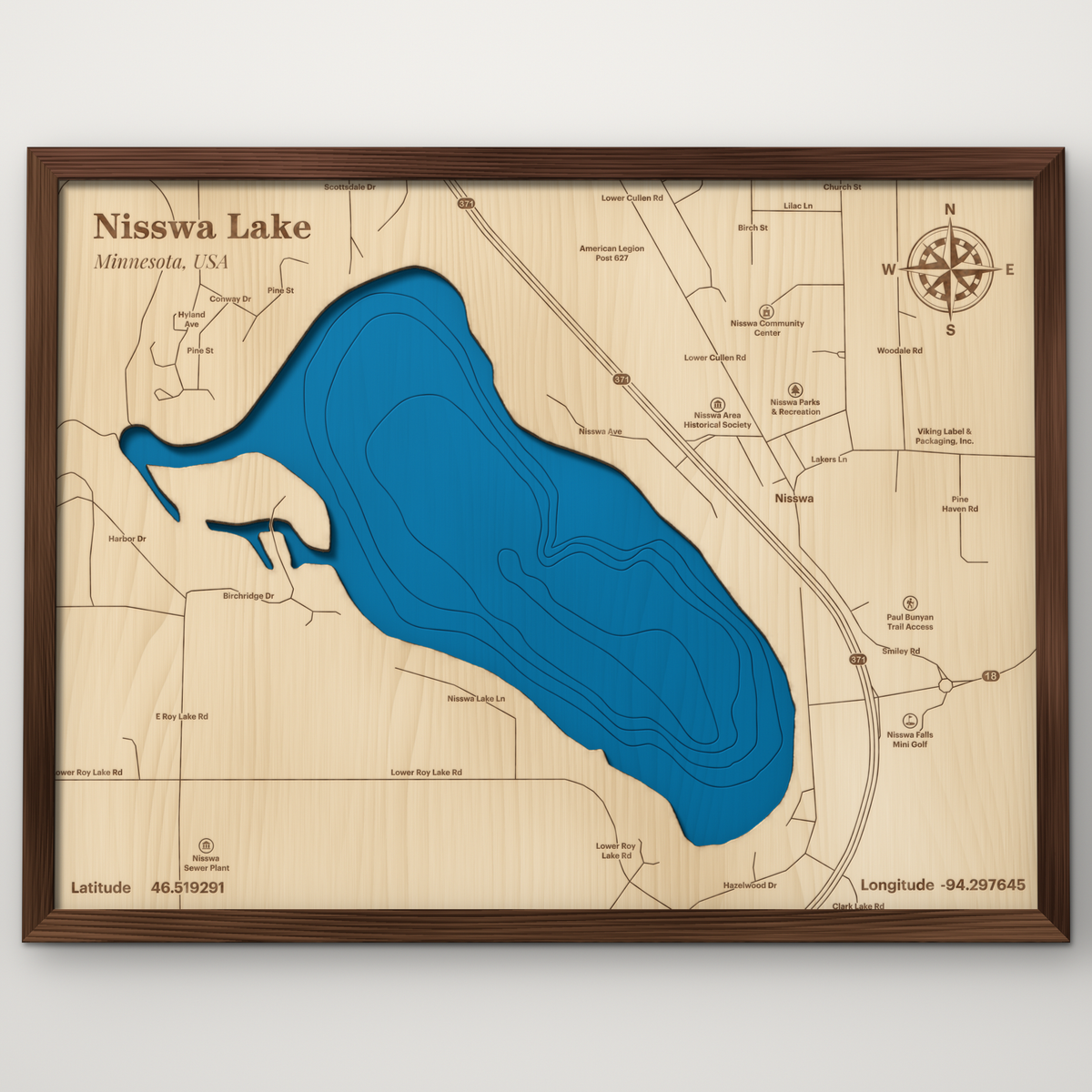 Nisswa Lake, Minnesota, layered wood map with blue painted water and stained walnut frame, by Dirt Road Barns