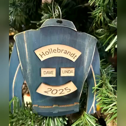 Old School Biker Cut personalized wood ornament, a hand-painted denim jacket back with engraved family name, first names and year, hanging on a Christmas tree