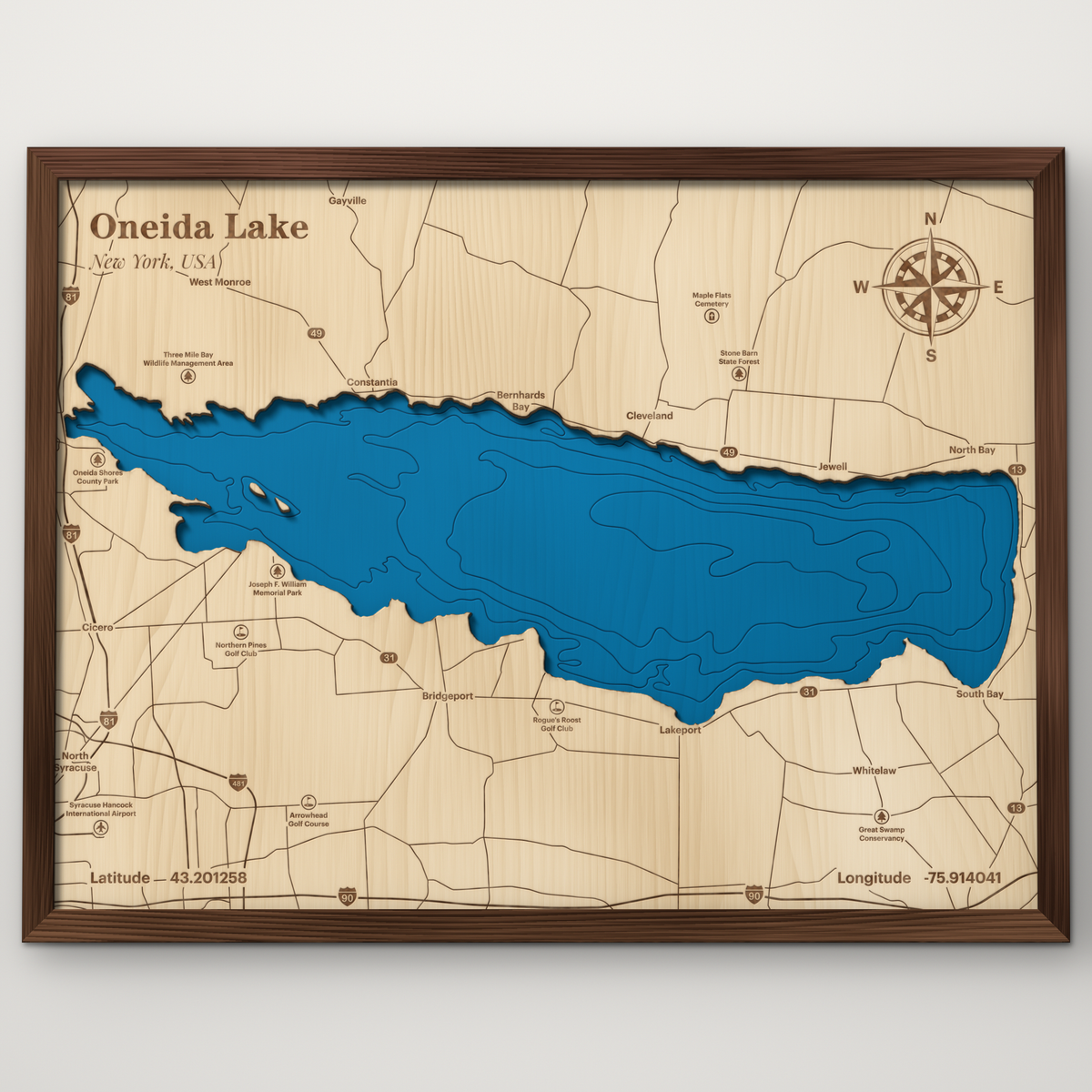 Oneida Lake layered wood map with blue painted water and stained walnut frame, by Dirt Road Barns