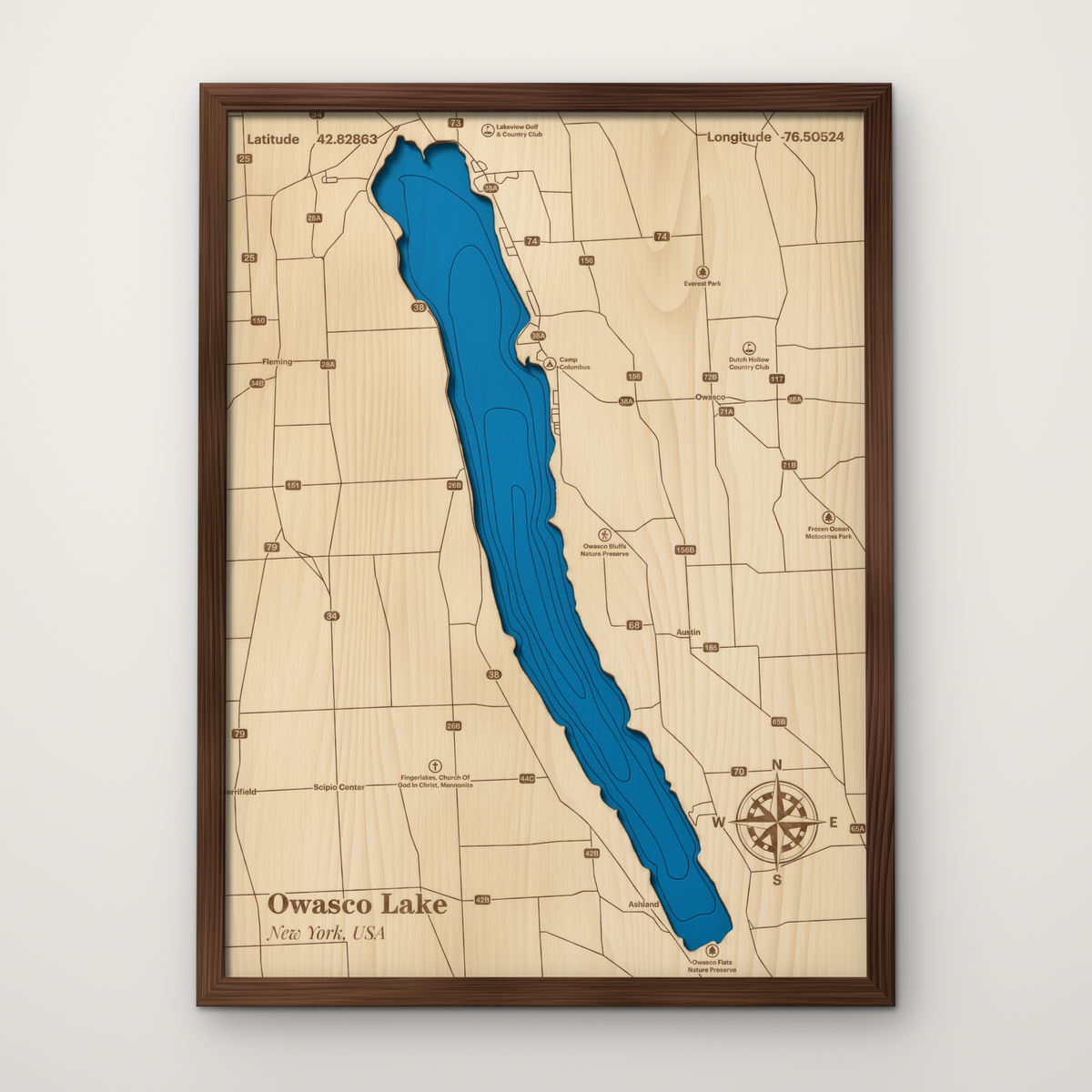 Owasco Lake layered wood map with blue painted water and stained walnut frame, by Dirt Road Barns