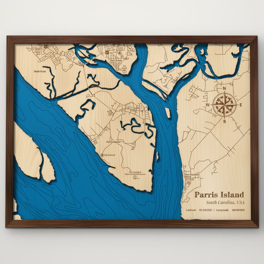 Parris Island, South Carolina layered wood map with blue painted water and stained walnut frame, by Dirt Road Barns