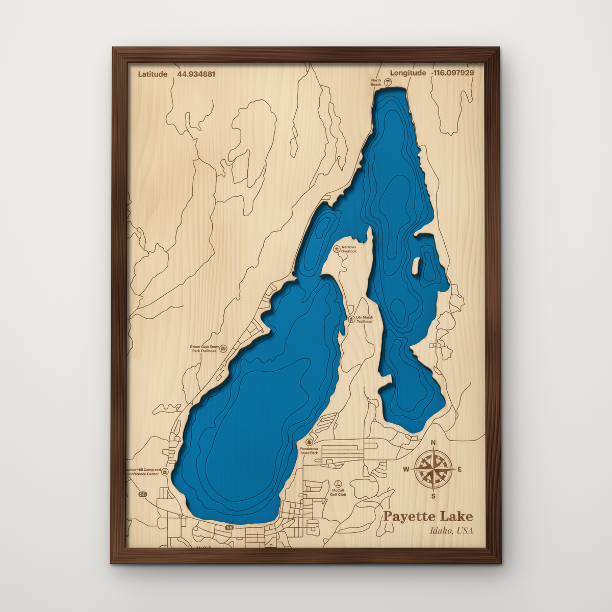 Payette Lake, Idaho, layered wood map with blue painted water and stained walnut frame, by Dirt Road Barns