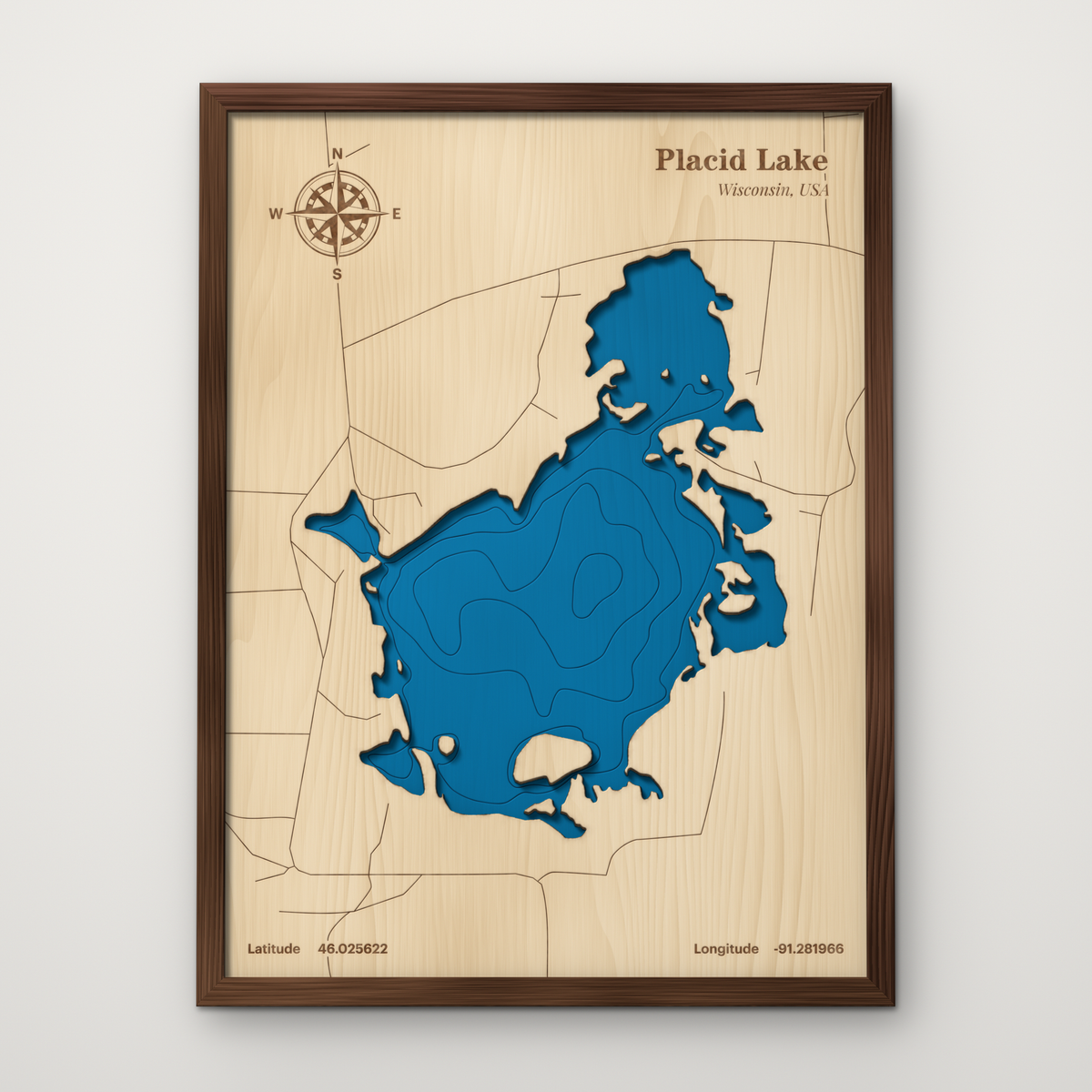 Placid Lake, Sawyer County Wisconsin layered wood map with blue painted water and stained walnut frame, by Dirt Road Barns