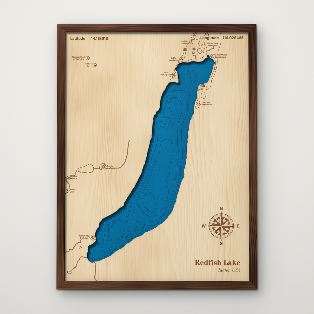 Redfish Lake, Idaho, layered wood map with blue painted water and stained walnut frame, by Dirt Road Barns