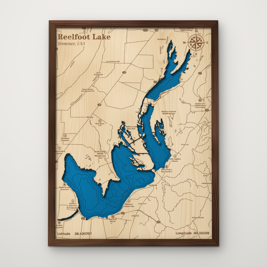 Reelfoot Lake, Tennessee, layered wood map with blue painted water and stained walnut frame, by Dirt Road Barns