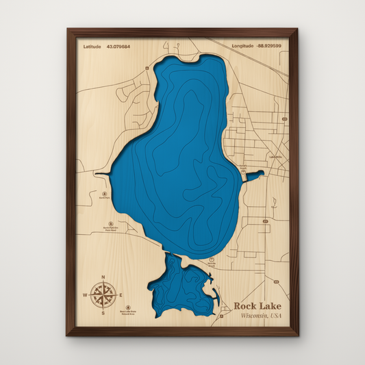 Rock Lake, Wisconsin, layered wood map with blue painted water and stained walnut frame, by Dirt Road Barns