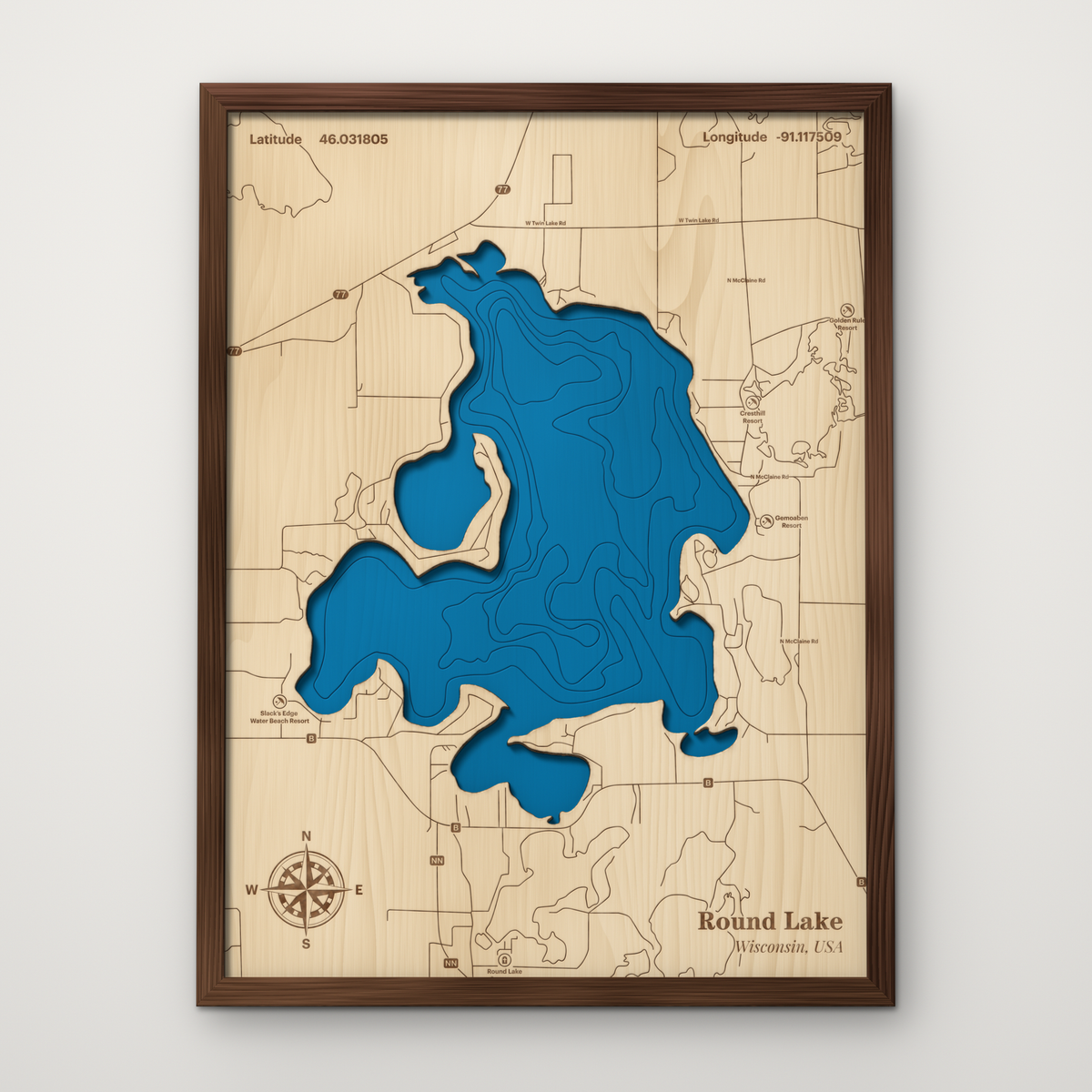 Round Lake, Wisconsin, layered wood map with blue painted water and stained walnut frame, by Dirt Road Barns