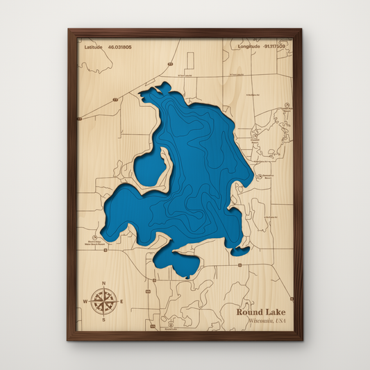 Round Lake, Wisconsin, layered wood map with blue painted water and stained walnut frame, by Dirt Road Barns