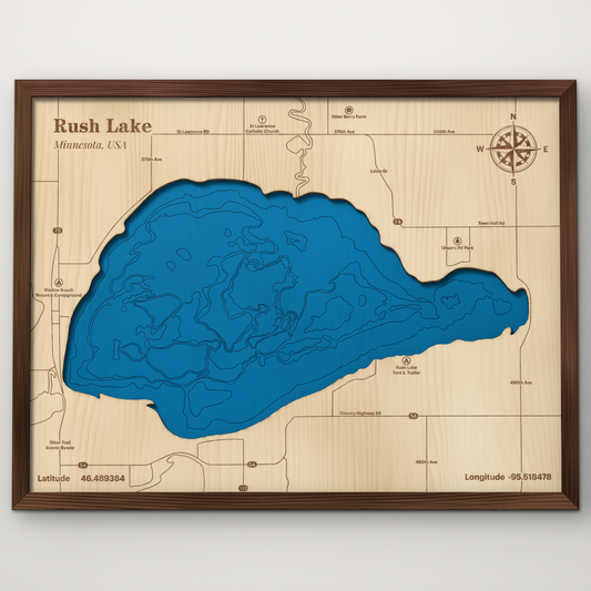 Rush Lake, Minnesota, layered wood map with blue painted water and stained walnut frame, by Dirt Road Barns