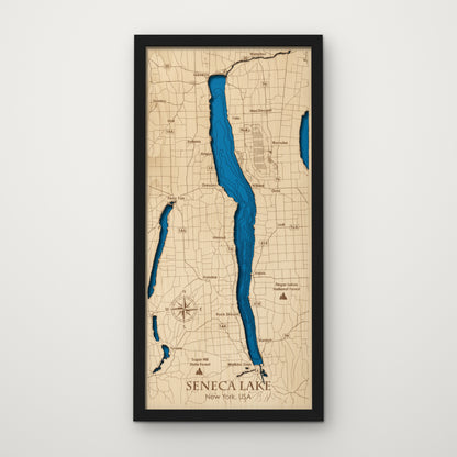 Seneca Lake layered wood map in painted black frame