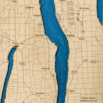 Seneca Lake layered wood map close-up showing hand-cut layers