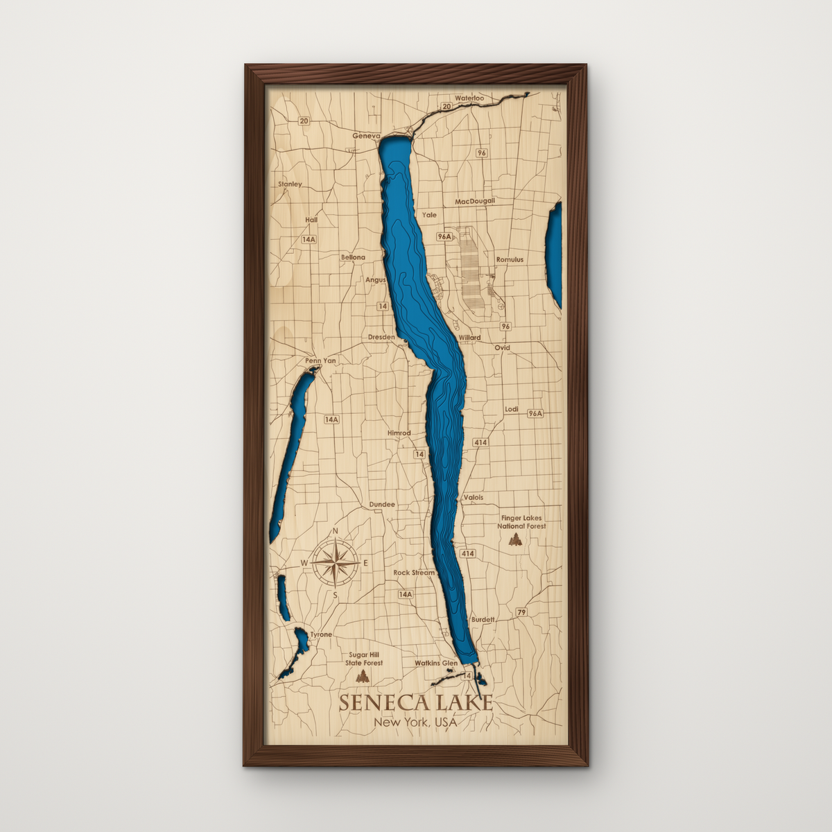 Seneca Lake, New York, layered wood map with blue painted water and stained walnut frame, by Dirt Road Barns