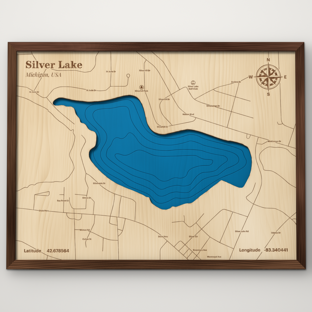 Silver Lake, Michigan, layered wood map with blue painted water and stained walnut frame, by Dirt Road Barns