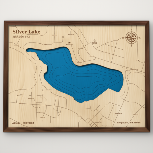 Silver Lake, Michigan, layered wood map with blue painted water and stained walnut frame, by Dirt Road Barns