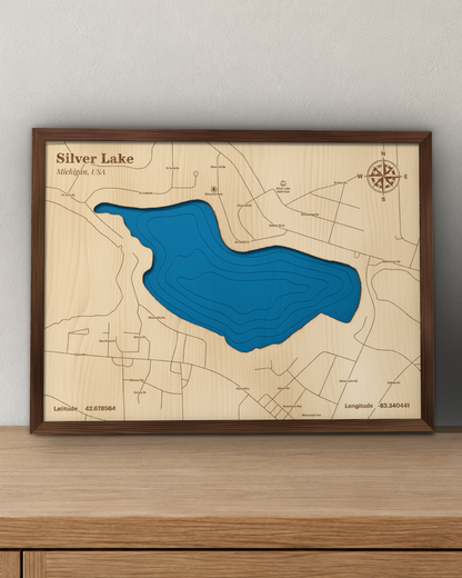 Silver Lake wood map in a walnut frame standing on a wooden sideboard against a wall for scale