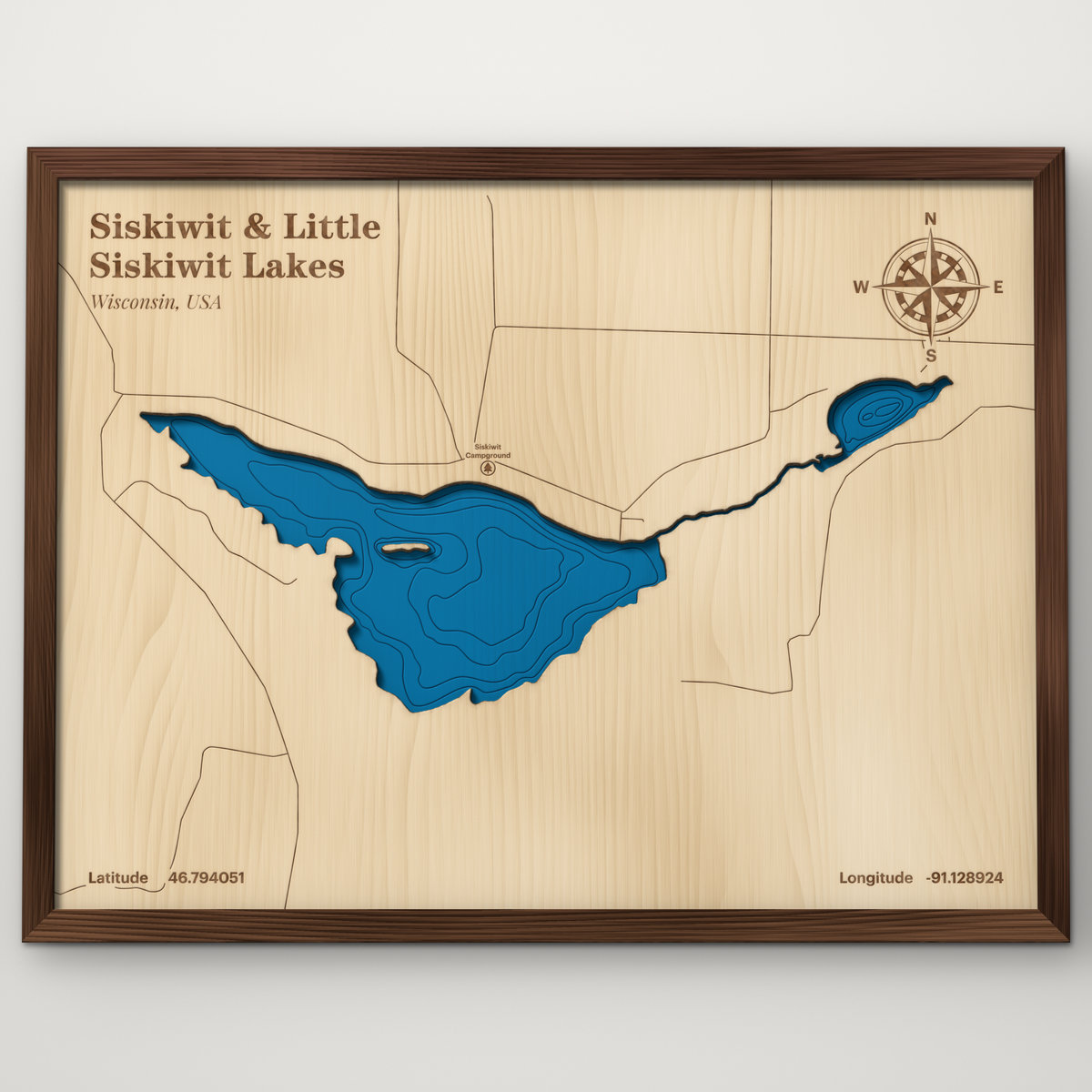 Siskiwit & Little Siskiwit Lakes, Wisconsin, layered wood map with blue painted water and stained walnut frame, by Dirt Road Barns