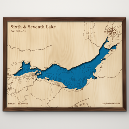 Sixth & Seventh Lake, New York, layered wood map with blue painted water and stained walnut frame, by Dirt Road Barns