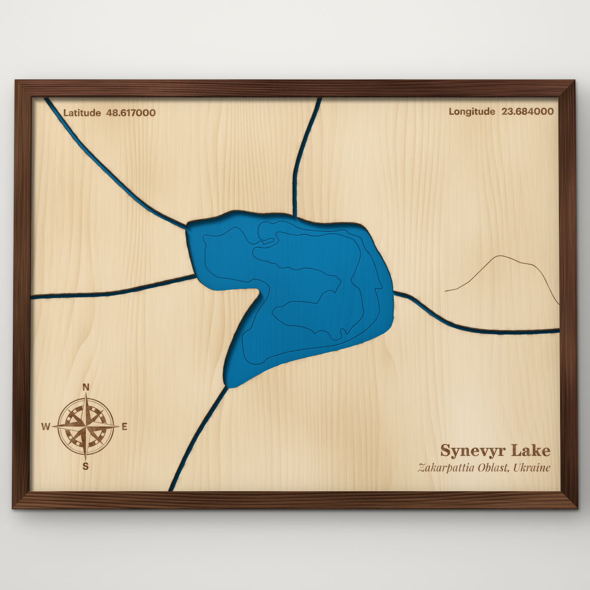 Synevyr Lake, Zakarpattia Oblast, Ukraine, layered wood map with blue painted water and stained walnut frame, by Dirt Road Barns