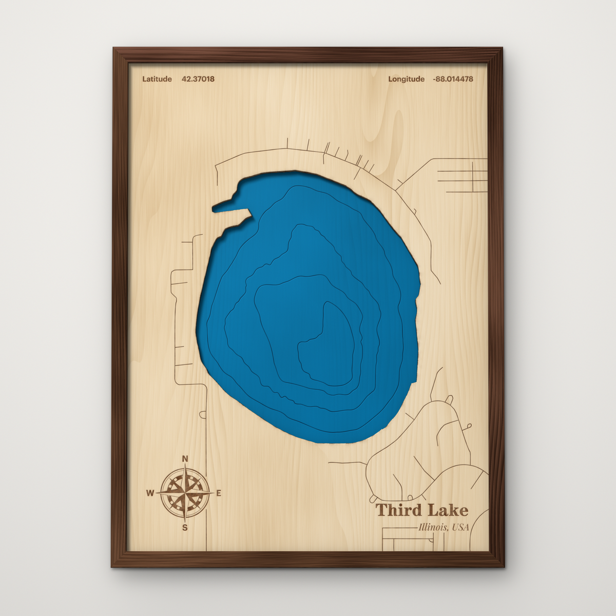 Third Lake, Lake County Illinois layered wood map with blue painted water and stained walnut frame, by Dirt Road Barns