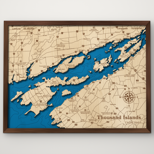 Thousand Islands layered wood map of the St. Lawrence River with blue painted water and stained walnut frame, by Dirt Road Barns