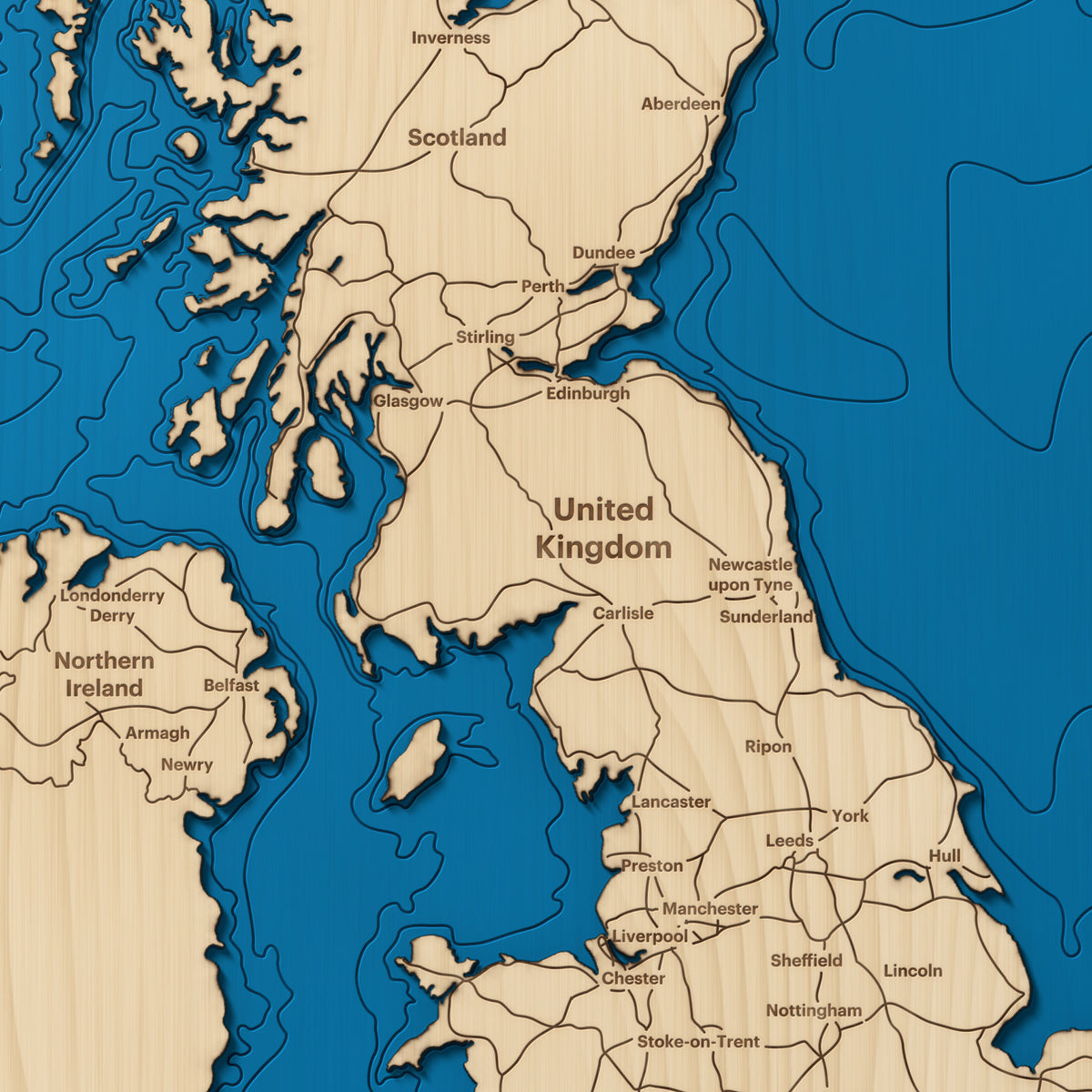 United Kingdom layered wood map close-up showing hand-cut layers