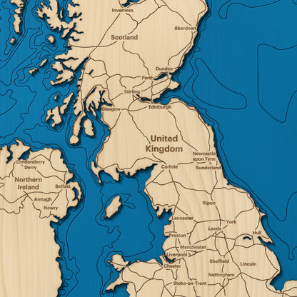 United Kingdom layered wood map close-up showing hand-cut layers