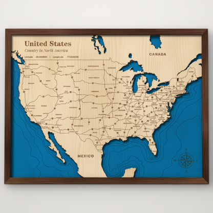 United States lower 48 layered wood map with blue painted ocean and stained walnut frame, by Dirt Road Barns