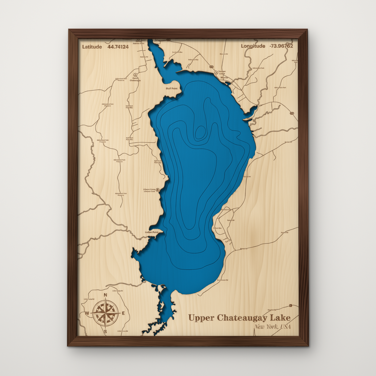 Upper Chateaugay Lake layered wood map with blue painted water and stained walnut frame, by Dirt Road Barns