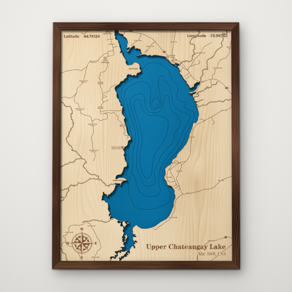 Upper Chateaugay Lake layered wood map with blue painted water and stained walnut frame, by Dirt Road Barns