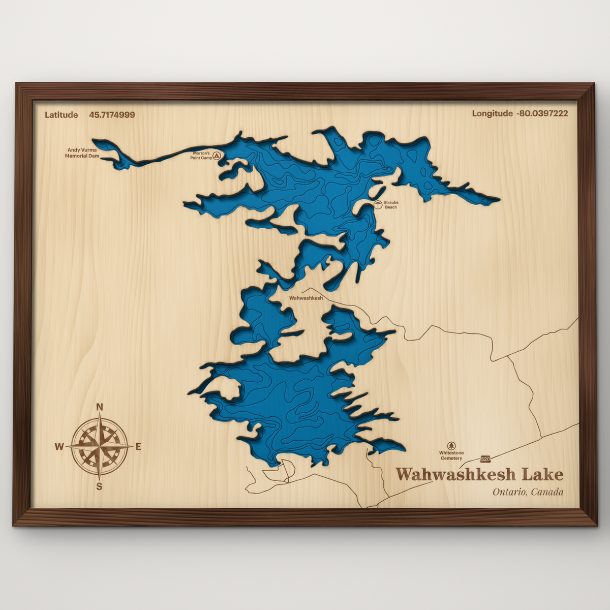 Wahwashkesh Lake, Ontario, layered wood map with blue painted water and stained walnut frame, by Dirt Road Barns