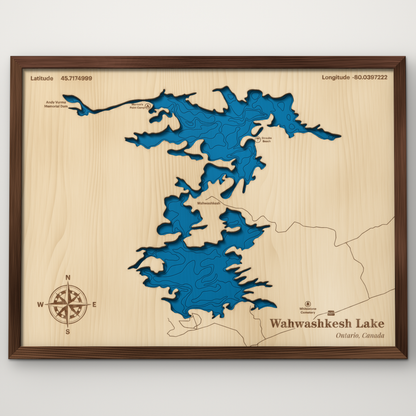 Wahwashkesh Lake, Ontario, layered wood map with blue painted water and stained walnut frame, by Dirt Road Barns