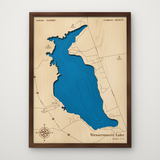 Wesserunsett Lake, Maine, layered wood map with blue painted water and stained walnut frame, by Dirt Road Barns