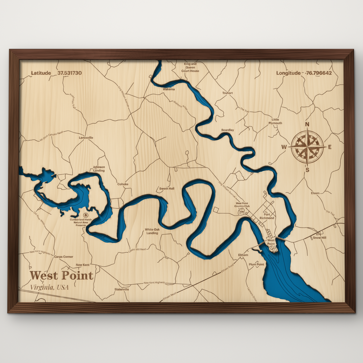 West Point, Virginia layered wood map with blue painted water and stained walnut frame, by Dirt Road Barns
