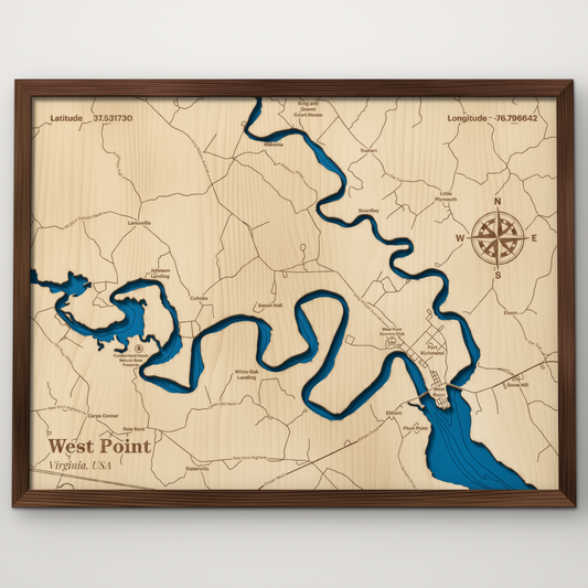 West Point, Virginia layered wood map with blue painted water and stained walnut frame, by Dirt Road Barns